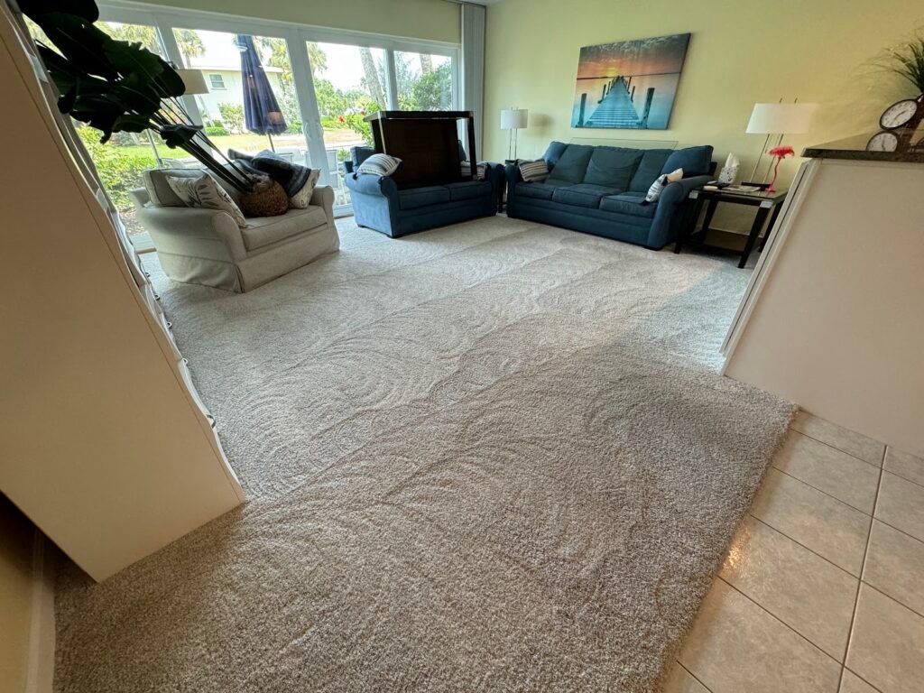 Freshly cleaned carpet in the living room of a Longboat Key vacation rental, cleaned by Oh Limpio